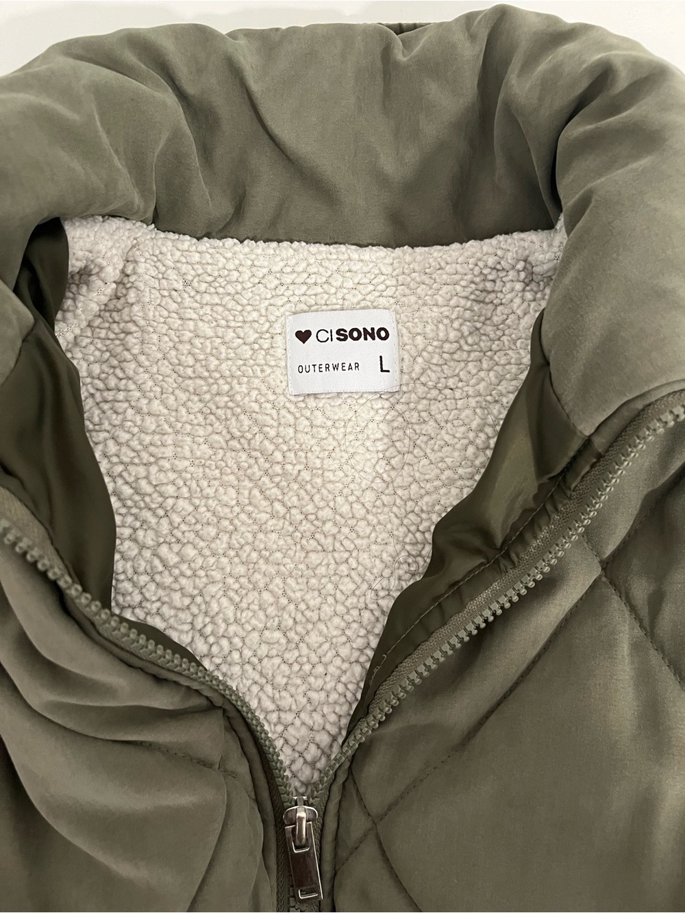 Cisono XL Olive Green Cropped Puffer Jacket Quilted Diamond Sherpa Lined Y2K - Picture 5 of 8